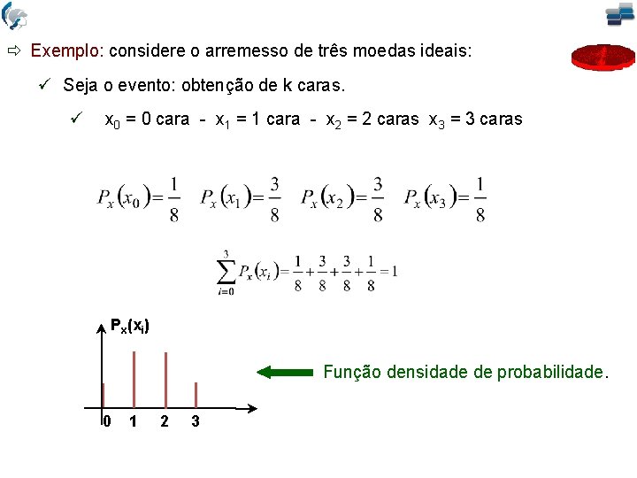 ð Exemplo: considere o arremesso de três moedas ideais: ü Seja o evento: obtenção