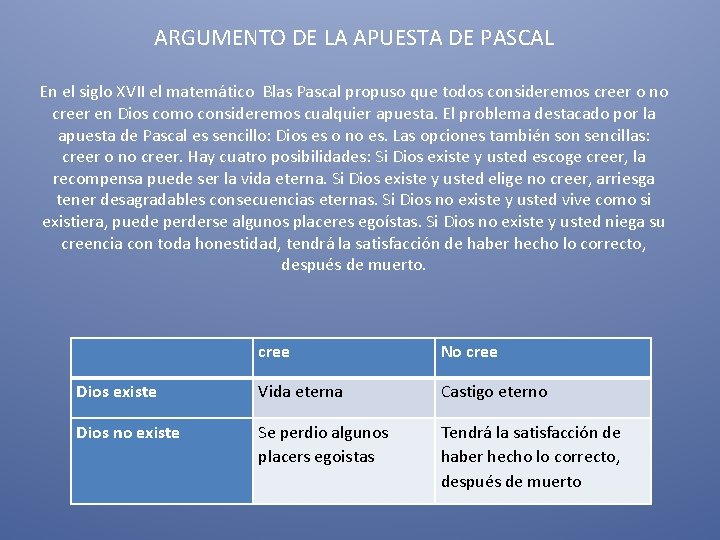 ARGUMENTO DE LA APUESTA DE PASCAL En el siglo XVII el matemático Blas Pascal ARGUMENTO DE LA APUESTA DE PASCAL En el siglo XVII el matemático Blas Pascal