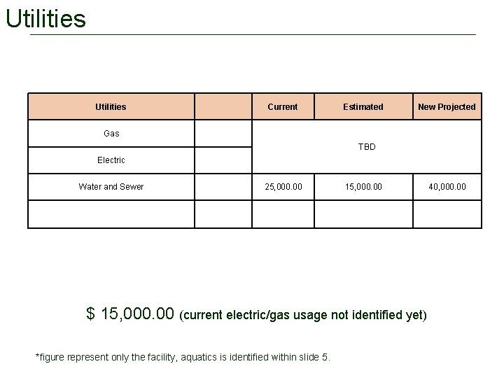 Utilities Current Estimated New Projected Gas TBD Electric Water and Sewer 25, 000. 00