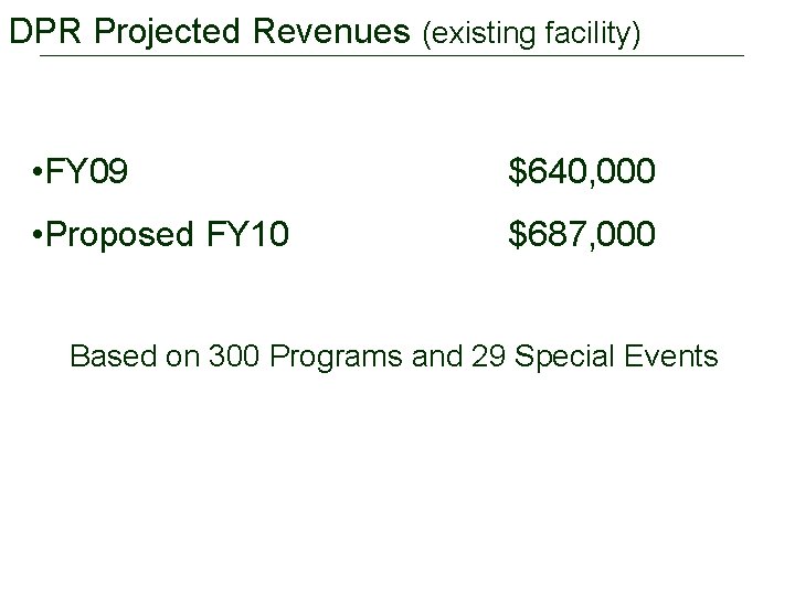 DPR Projected Revenues (existing facility) • FY 09 $640, 000 • Proposed FY 10