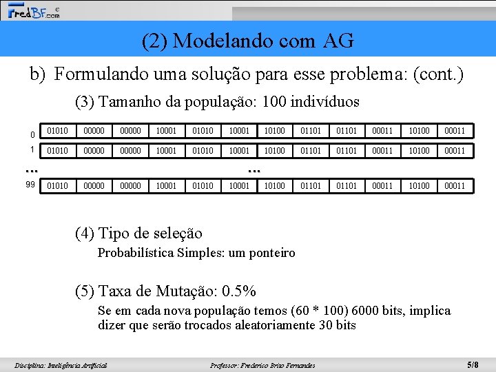 (2) Modelando com AG b) Formulando uma solução para esse problema: (cont. ) (3)