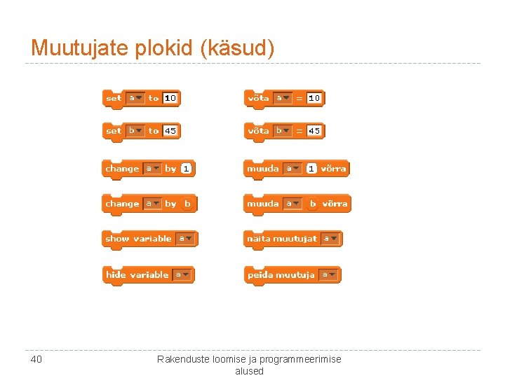 Muutujate plokid (käsud) 40 Rakenduste loomise ja programmeerimise alused 