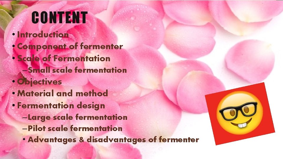 CONTENT • Introduction • Component of fermenter • Scale of Fermentation – Small scale