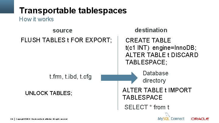 Transportablespaces How it works source FLUSH TABLES t FOR EXPORT; t. frm, t. ibd,