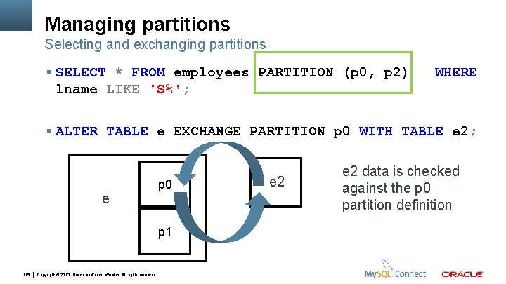 Managing partitions Selecting and exchanging partitions SELECT * FROM employees PARTITION (p 0, p