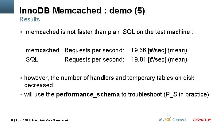 Inno. DB Memcached : demo (5) Results memcached is not faster than plain SQL