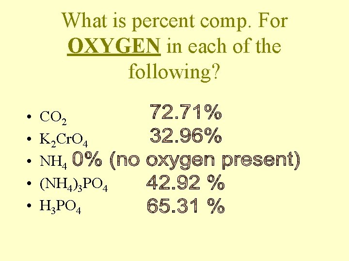 What is percent comp. For OXYGEN in each of the following? • • •