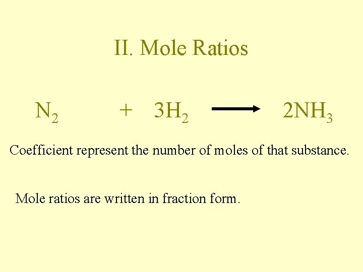 II. Mole Ratios N 2 + 3 H 2 2 NH 3 Coefficient represent