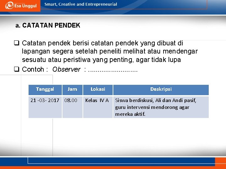 a. CATATAN PENDEK q Catatan pendek berisi catatan pendek yang dibuat di lapangan segera