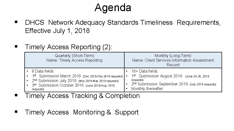 Agenda § DHCS Network Adequacy Standards Timeliness Requirements, Effective July 1, 2018 § Timely