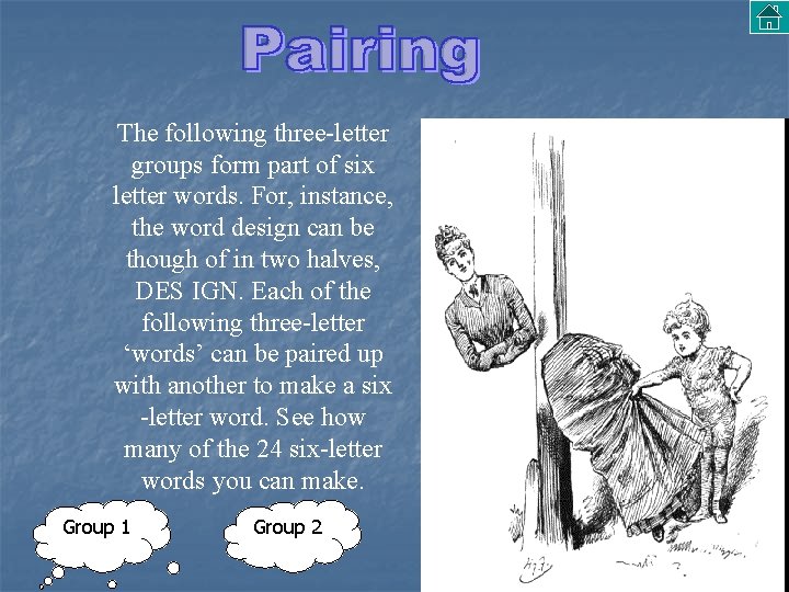The following three-letter groups form part of six letter words. For, instance, the word