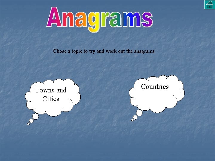 Chose a topic to try and work out the anagrams Towns and Cities Countries
