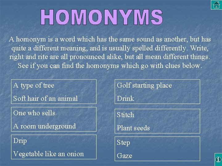 A homonym is a word which has the same sound as another, but has