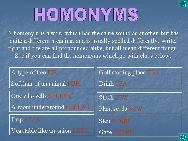 A homonym is a word which has the same sound as another, but has