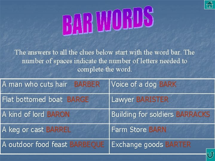 The answers to all the clues below start with the word bar. The number