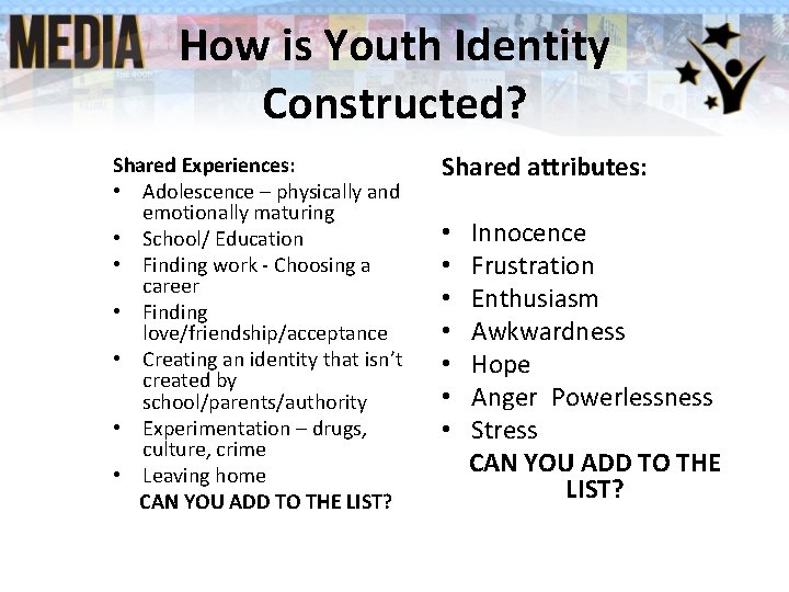 How is Youth Identity Constructed? Shared Experiences:
• Adolescence – physically and emotionally How is Youth Identity Constructed? Shared Experiences:
• Adolescence – physically and emotionally