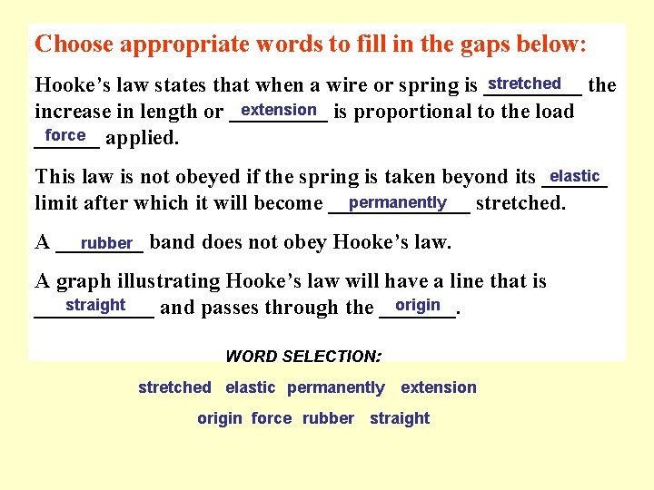 Choose appropriate words to fill in the gaps below: stretched Hooke’s law states that