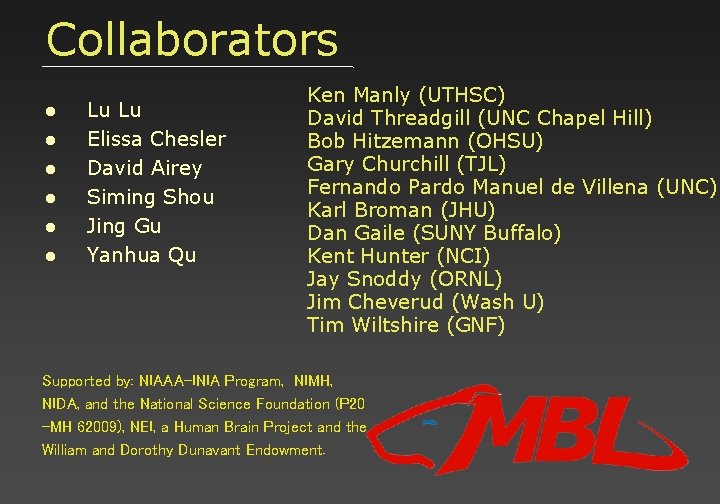 Collaborators Lu Lu Elissa Chesler David Airey Siming Shou Jing Gu Yanhua Qu Ken