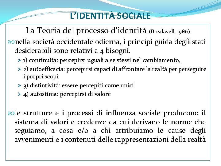 L’IDENTITÀ SOCIALE La Teoria del processo d’identità (Breakwell, 1986) nella società occidentale odierna, i