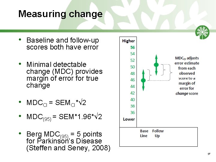 Measuring change • Baseline and follow-up scores both have error • Minimal detectable change
