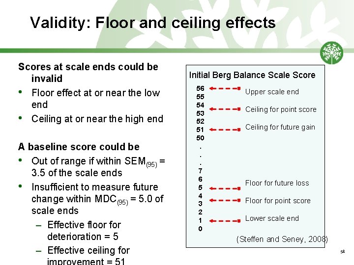 Validity: Floor and ceiling effects Scores at scale ends could be invalid • Floor