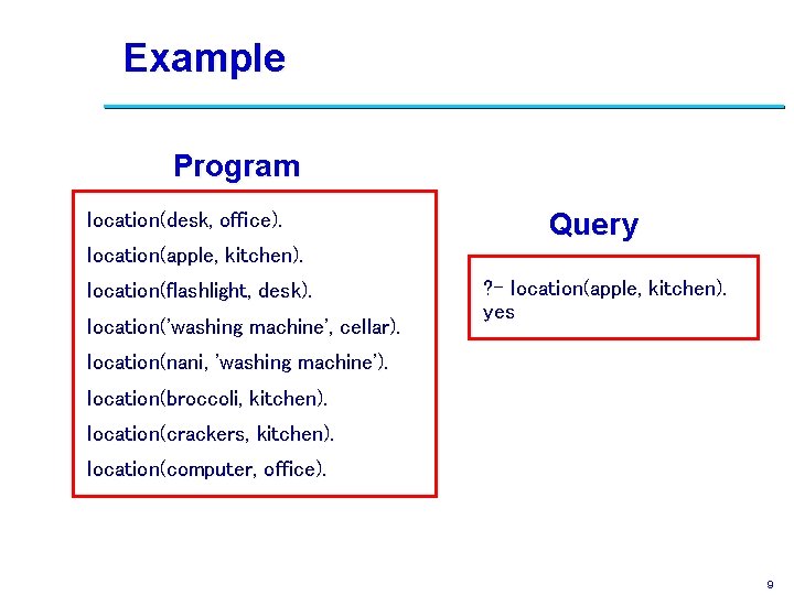 Example Program location(desk, office). Query location(apple, kitchen). location(flashlight, desk). location('washing machine', cellar). ? -