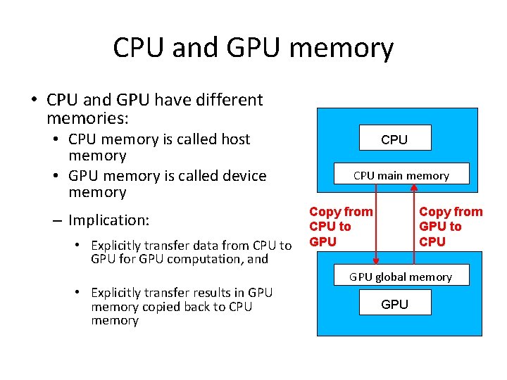 CPU and GPU memory • CPU and GPU have different memories: • CPU memory