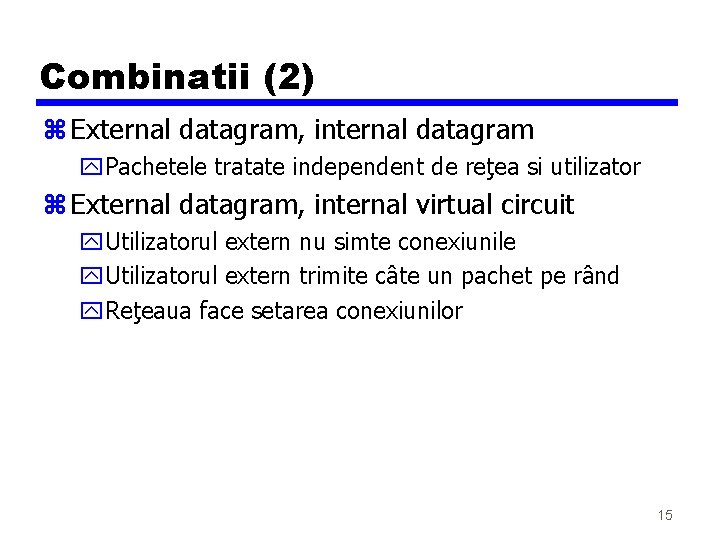 Combinatii (2) z External datagram, internal datagram y. Pachetele tratate independent de reţea si