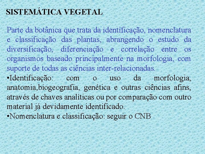 SISTEMÁTICA VEGETAL Parte da botânica que trata da identificação, nomenclatura e classificação das plantas,