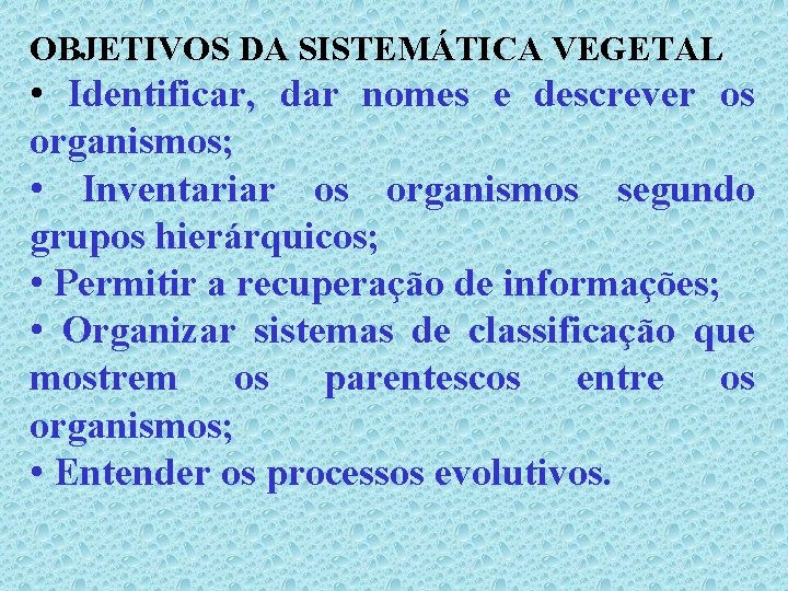 OBJETIVOS DA SISTEMÁTICA VEGETAL • Identificar, dar nomes e descrever os organismos; • Inventariar