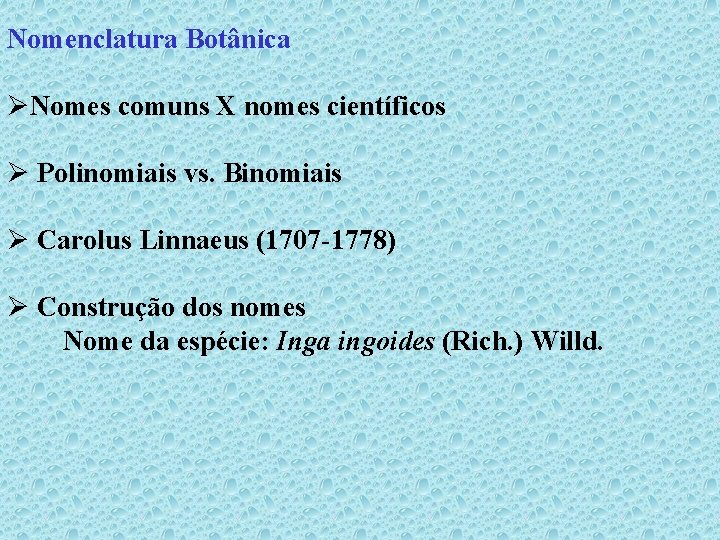 Nomenclatura Botânica ØNomes comuns X nomes científicos Ø Polinomiais vs. Binomiais Ø Carolus Linnaeus