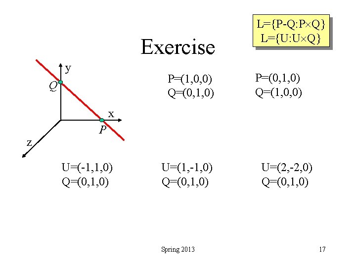Exercise y P=(1, 0, 0) Q=(0, 1, 0) Q L={P-Q: P Q} L={U: U