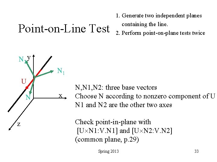 Point-on-Line Test 1. Generate two independent planes containing the line. 2. Perform point-on-plane tests