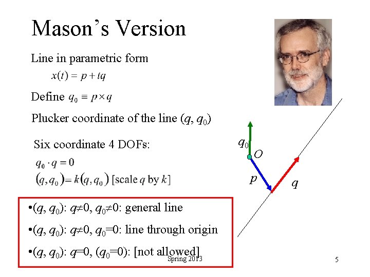 Mason’s Version Line in parametric form Define Plucker coordinate of the line (q, q