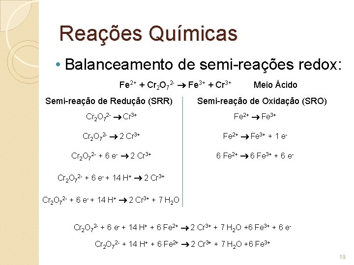 Reações Químicas • Balanceamento de semi-reações redox: Fe 2+ + Cr 2 O 72 Reações Químicas • Balanceamento de semi-reações redox: Fe 2+ + Cr 2 O 72