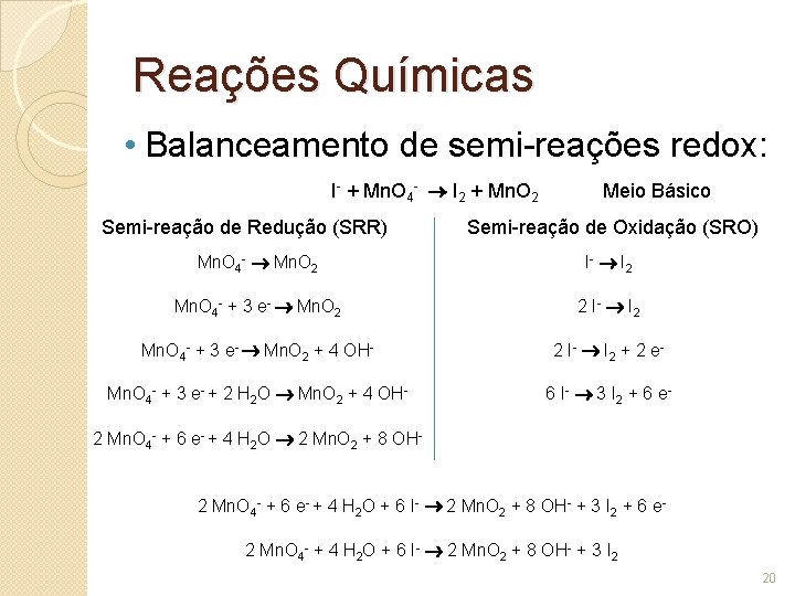 Reações Químicas • Balanceamento de semi-reações redox: I- + Mn. O 4 - I Reações Químicas • Balanceamento de semi-reações redox: I- + Mn. O 4 - I