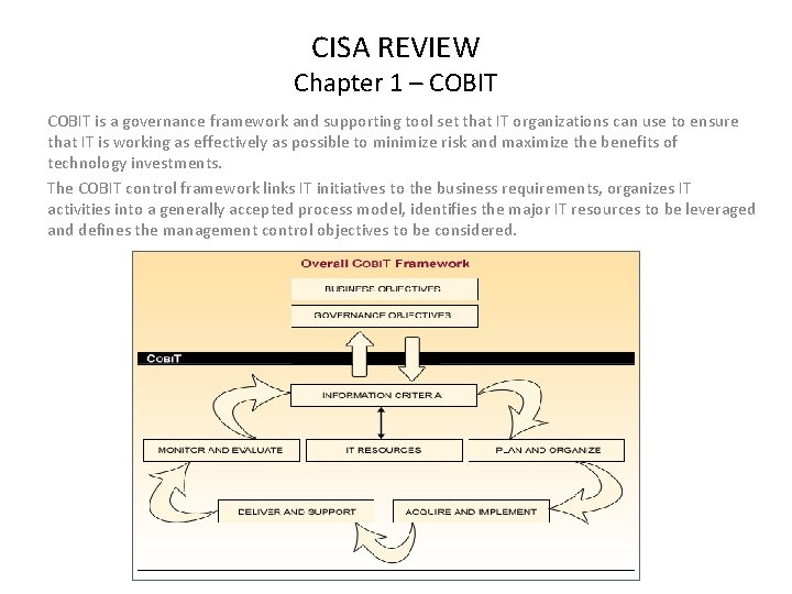 CISA REVIEW Chapter 1 – COBIT is a governance framework and supporting tool set
