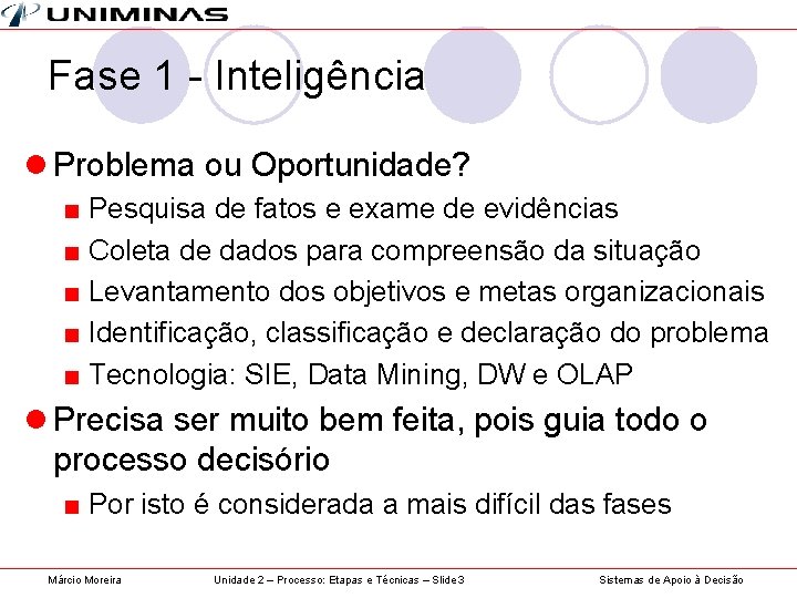 Fase 1 - Inteligência l Problema ou Oportunidade? ■ Pesquisa de fatos e exame