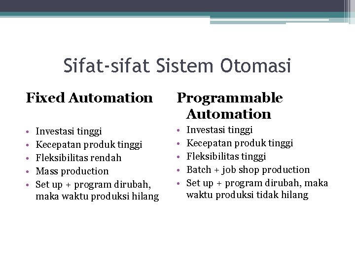 Sifat-sifat Sistem Otomasi Fixed Automation Programmable Automation • • • Investasi tinggi Kecepatan produk