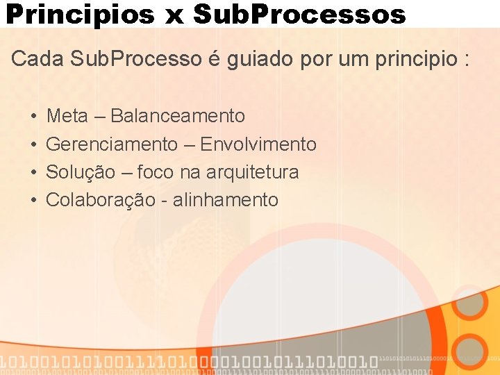 Principios x Sub. Processos Cada Sub. Processo é guiado por um principio : •
