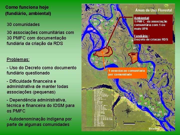 Como funciona hoje (fundiário, ambiental) 30 comunidades 30 associações comunitárias com 30 PMFC com