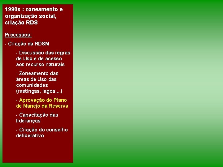 1990 s : zoneamento e organização social, criação RDS Processos: - Criação da RDSM