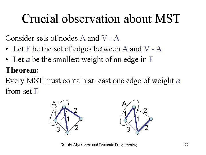 Crucial observation about MST Consider sets of nodes A and V - A •