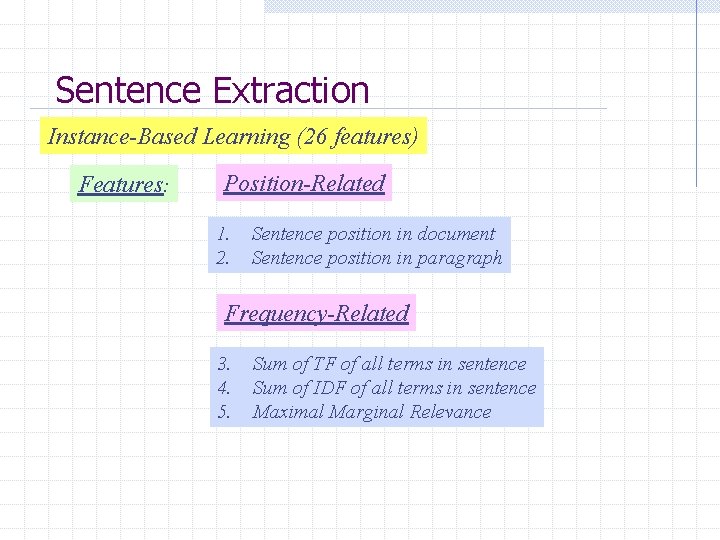 Sentence Extraction Instance-Based Learning (26 features) Features: Position-Related 1. 2. Sentence position in document