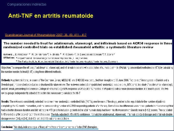 Comparaciones Indirectas Anti-TNF en artritis reumatoide Scandinavian Journal of Rheumatology 2007; 36, (6): 411