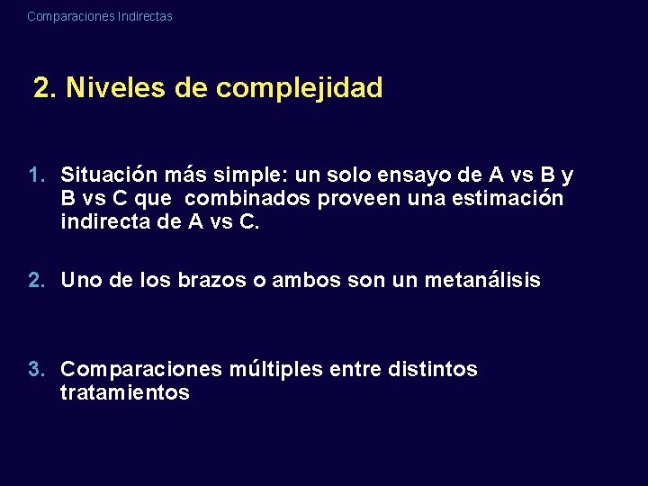 Comparaciones Indirectas 2. Niveles de complejidad 1. Situación más simple: un solo ensayo de
