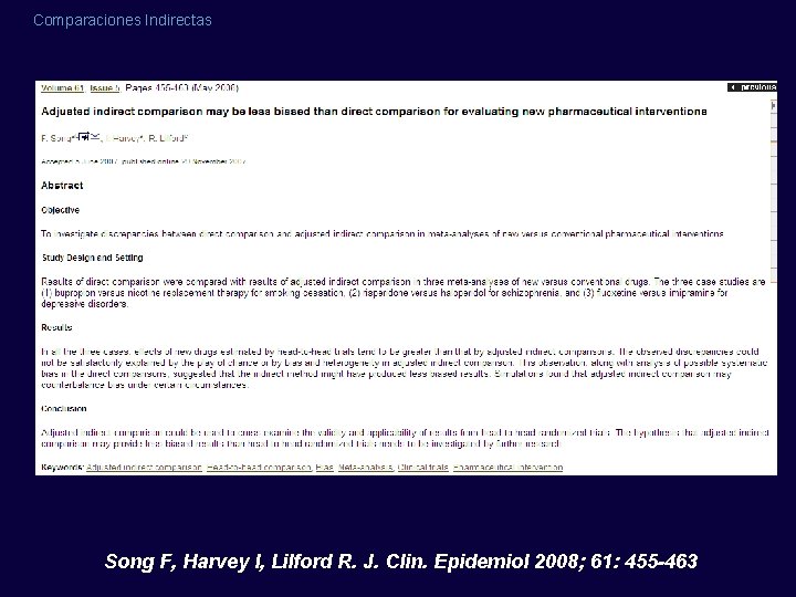Comparaciones Indirectas Song F, Harvey I, Lilford R. J. Clin. Epidemiol 2008; 61: 455