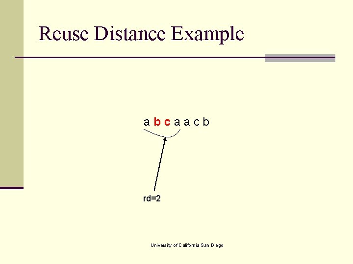 Reuse Distance Example abcaacb rd=2 University of California San Diego 