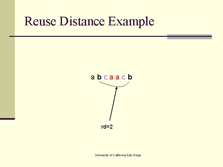 Reuse Distance Example abcaacb rd=2 University of California San Diego 
