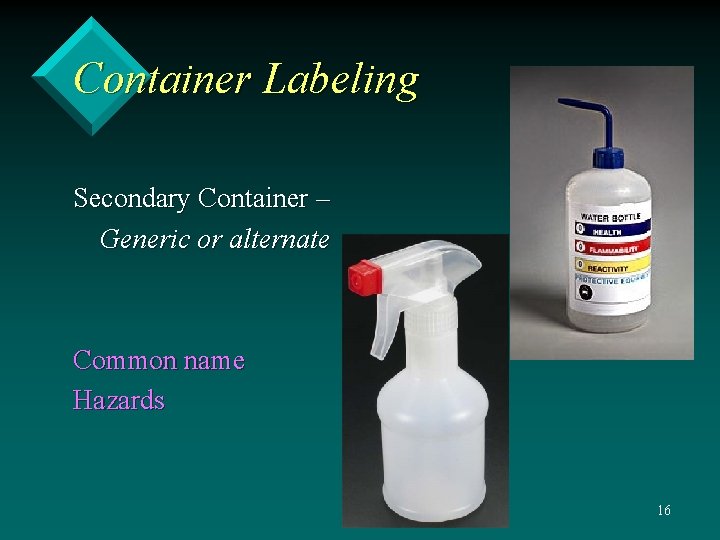 Container Labeling Secondary Container – Generic or alternate Common name Hazards 16 